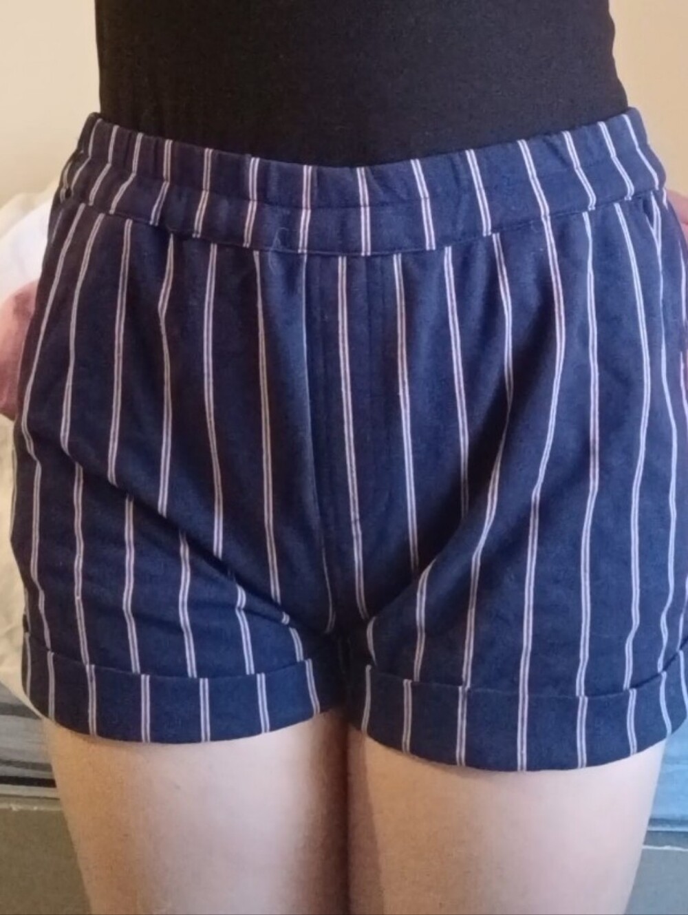 Navy blue red and white striped shorts